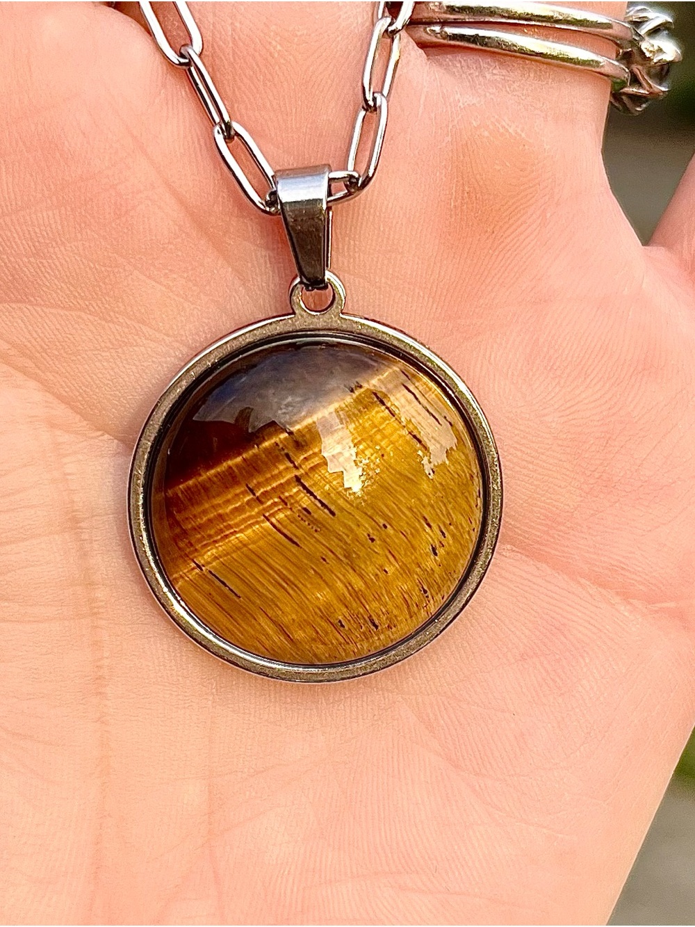 Tiger's Eye Pendant Necklace — Golden Brown stainless steel Setting handmade